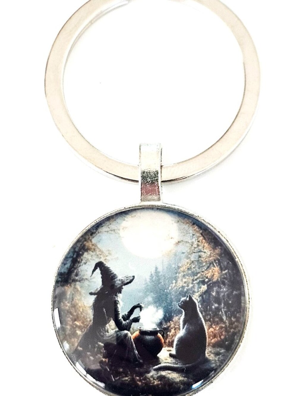 Witch Black Cat Keychain Moon Magic Halloween Gothic Fantasy Silver Tone Gift